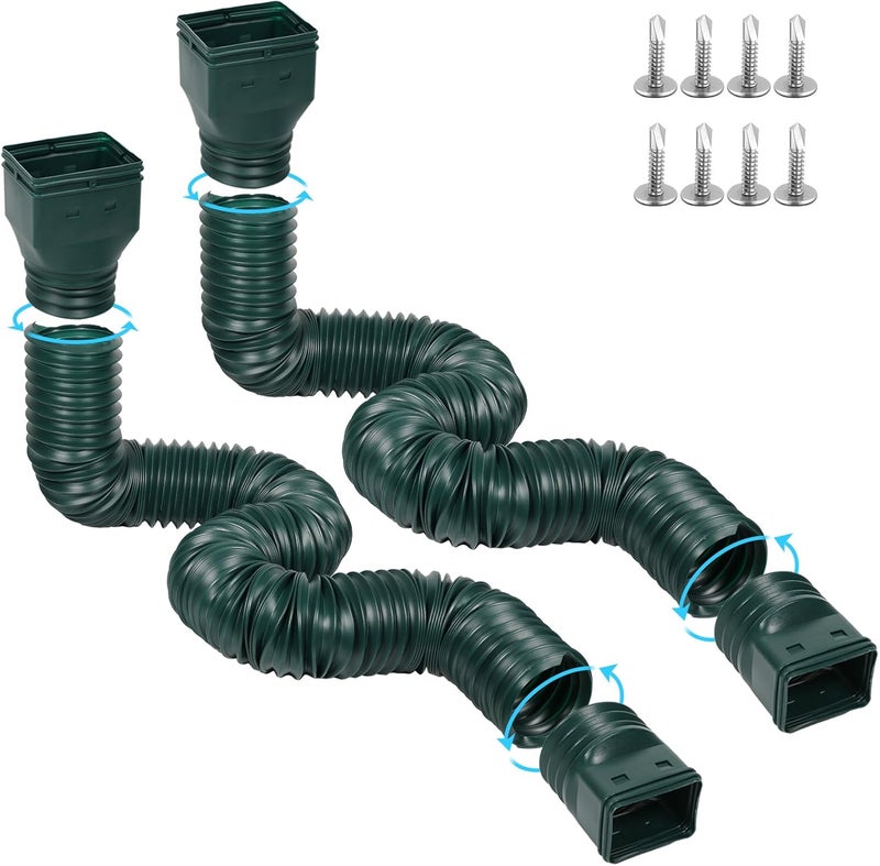 plusgutter 11.5ft Long Gutter Downspout Extensions Flexible, Drain Downspout Extender, Down Spout Drain Extender, Gutter Connector Rainwater Drainage, Extendable from 2.6ft to 11.5ft(2Pack, Green) - Image 1